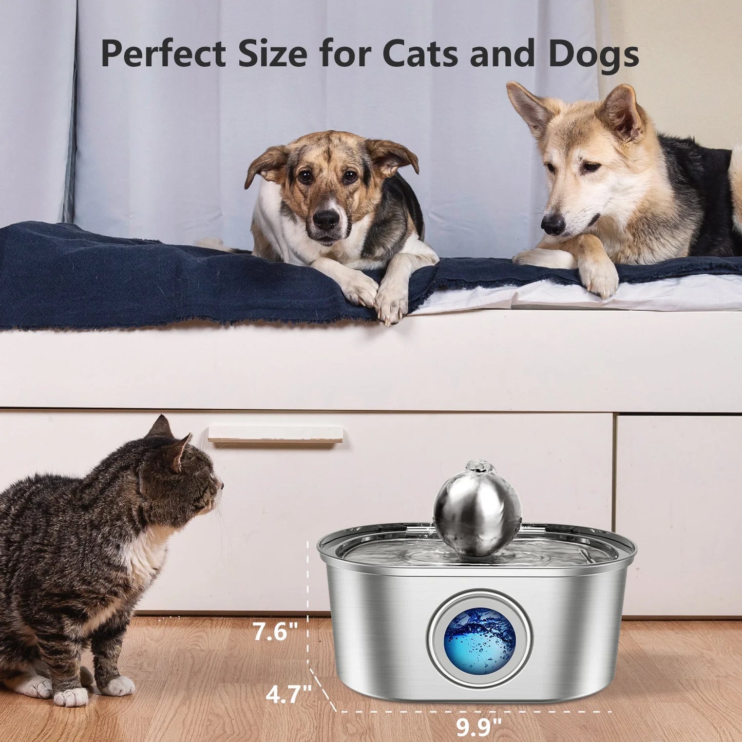 Cat Water Fountain Stainless Steel, 3.2L/108Oz Stainless Steel Pet Water Drinking Fountain for Cats Indoor, Dog Water Fountain with Water Level Window